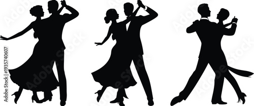 Elegant ballroom dancing couples silhouettes, graceful dance poses, formal attire, flowing dresses, romantic movement, artistic cultural performance, timeless dance illustration
