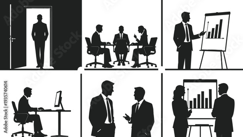Business people meeting presentation silhouettes, corporate teamwork discussion office workplace isolated vector illustration collection set