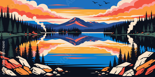 Yellowstone Mountain Lake Reflection – Sunset Glow, Ultra‑Wide Layered Flat Vector Panorama, Serene National Park Landscape, United States