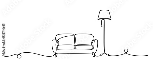 Sofa and lamp positioned on continuous line in white space. none editable strokes