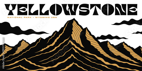Luxury Yellowstone Silhouette – Black & Gold Mountain Panorama, Ultra‑Wide Premium Vector Poster, Elegant National Park Design, United States