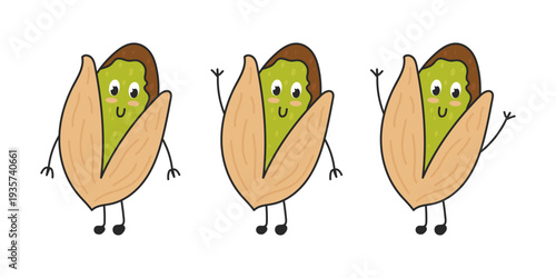 Set of cartoon pistachios with cute smiling faces, tiny arms and legs, expressing joy and playfulness, perfect for children's illustrations, food designs, greeting cards, or fun stickers.