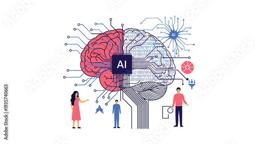 Artificial intelligence development showing a digital brain with neural networks and circuits being studied by a technical team.