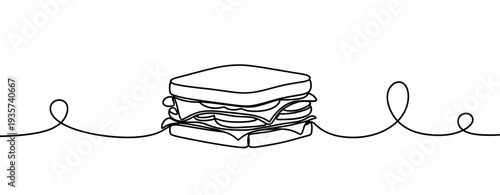 Sandwich in continuous line drawing on white backdrop. none editable strokes