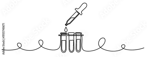 Dropper releasing liquid into test tubes on continuous line. none editable strokes