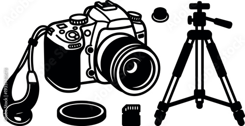 Black and white vector camera kit with dslr and lens on tripod top view with strap and memory card studio