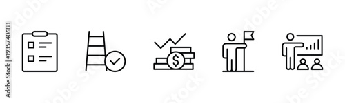 Success and growth web icons inline style. Handshake, growth profit, innovation, increase sale, coaching, progress, strategy, achievement, collection. Vector illustration.