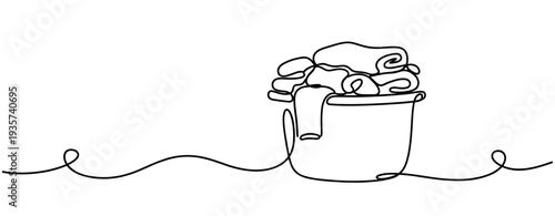 Laundry piled overflowing in bucket on continuous line surface. none editable strokes