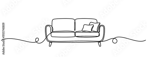 Two seat sofa with cushion placed on continuous line background. none editable strokes