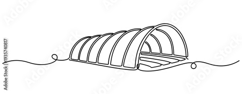 Arched greenhouse structure resting on decorative wavy line illustration. none editable strokes