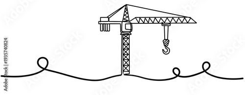 Construction crane standing with hook on continuous line background. none editable strokes
