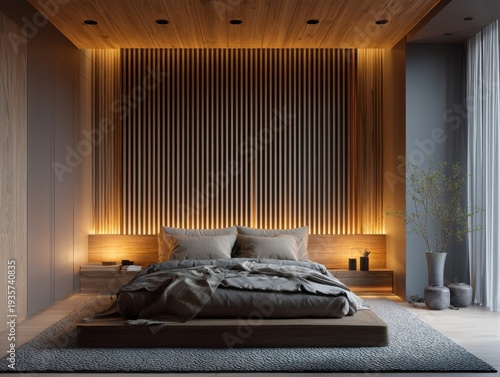 Modern bedroom features warm wood paneling. Soft lighting highlights textured vertical slats behind the bed. Comfortable bed sits on a low platform with dark bedding