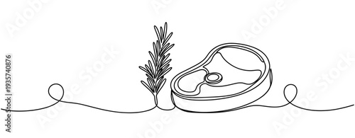 Steak and rosemary sprig placed on continuous line backdrop. none editable strokes