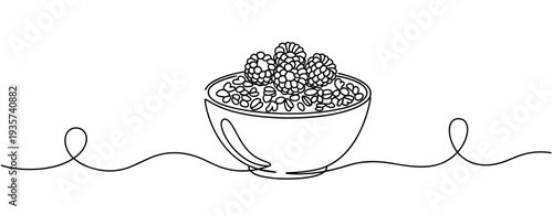 Bowl of cereal topped with berries on table in single line drawing. none editable strokes