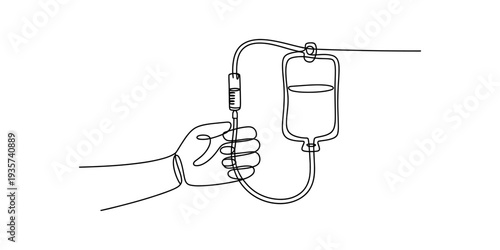 A simple line art illustration depicting a hand holding an intravenous needle connected to a drip bag. Vector, illustration