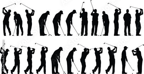 Golfer silhouettes collection showing golf swing, putting and driving poses, professional golf players isolated vector set for sport design concept