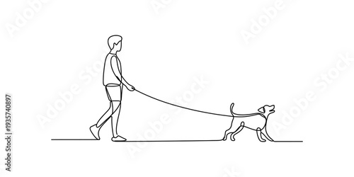 A single line drawing of a person walking their dog on a leash against a white background. Vector, illustration