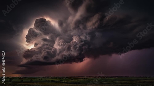Stormy Sky with Dramatic Lightning Strike over Green Fields
