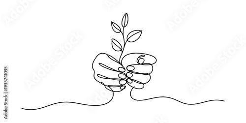 Continuous line art drawing of two hands gently holding a small plant with leaves, representing new life and environmental care. Vector, illustration