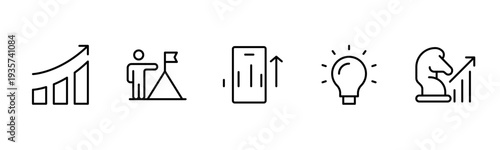 Success and growth web icons inline style. Handshake, growth profit, innovation, increase sale, coaching, progress, strategy, achievement, collection. Vector illustration.
