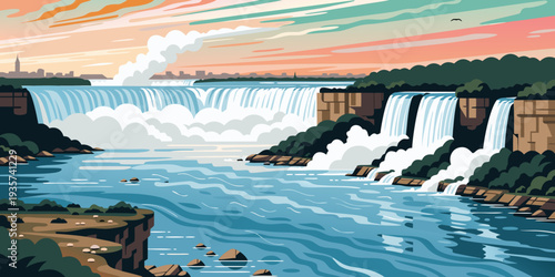 Niagara Falls Sunrise – Pastel Gradient Sky, Soft Mist Layers, Ultra‑Wide Flat Vector Panorama, Iconic Natural Wonder, United States