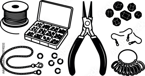 Line art close up jewelry making kit with needle nose pliers bead organizer spools hooks jump rings cords on white
