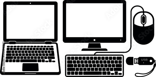Flat design overhead view of laptop desktop monitor wired mouse keyboard and usb flash drive in black silhouette clean icons