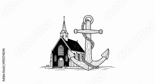 Sketch of a church with a large anchor and chain in the foreground
