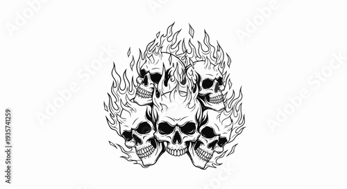 Skulls engulfed in flames, a menacing and intense graphic illustration