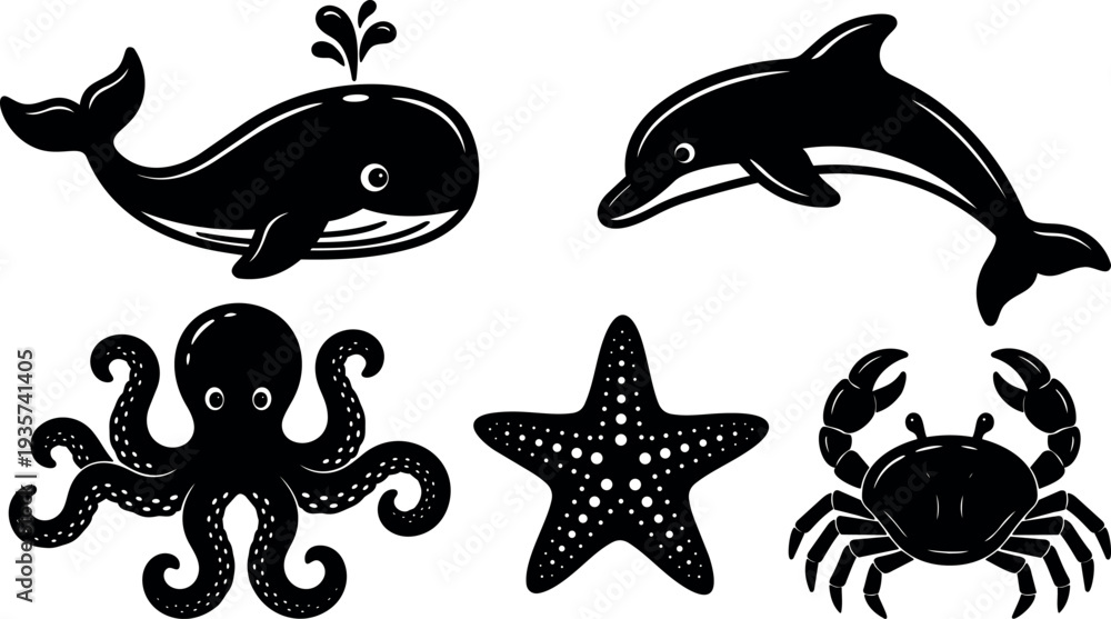 Obraz premium Flat design marine animal icon set whale blowing water dolphin jumping octopus starfish crab isolated bold vector art silhouette playful