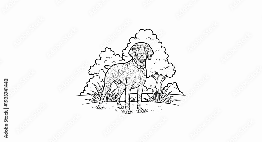 Fototapeta premium Line drawing of a German Shorthaired Pointer dog standing in a field with trees