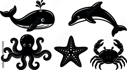 Flat design marine animal icon set whale blowing water dolphin jumping octopus starfish crab isolated bold vector art silhouette playful