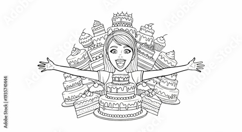Cheerful person with arms outstretched surrounded by many decorated cakes