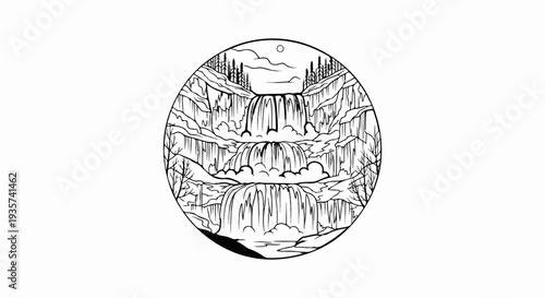 Stylized black and white circular depiction of a cascading waterfall with trees