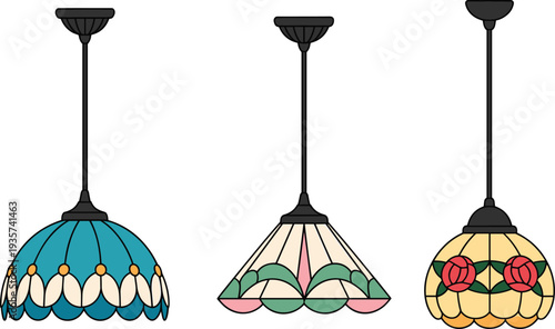 Vintage stained glass pendant lamps collection with floral Tiffany style designs, decorative hanging lighting fixtures isolated on white background illustration