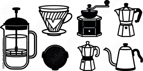 Flat vector coffee equipment set close up french press pour over manual grinder moka pot gooseneck kettle black line art