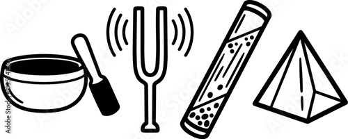 Line art minimalist icons of singing bowl tuning fork smudge stick and crystal pyramid close up black outline meditation tools