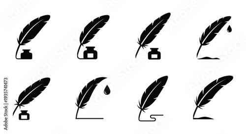 Collection of black quill feathers and inkwells in a simple arrangement