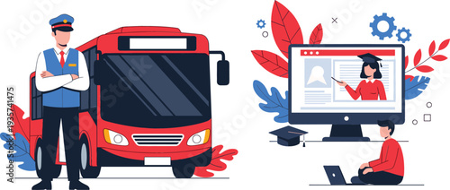 Flat vector illustration of a red bus with driver alongside a student engaging in online e-learning education