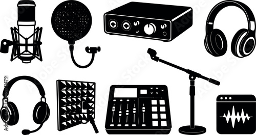 Silhouette vector close up of studio microphone headphones mixer and microphone stand for podcast recording in high contrast black minimalist