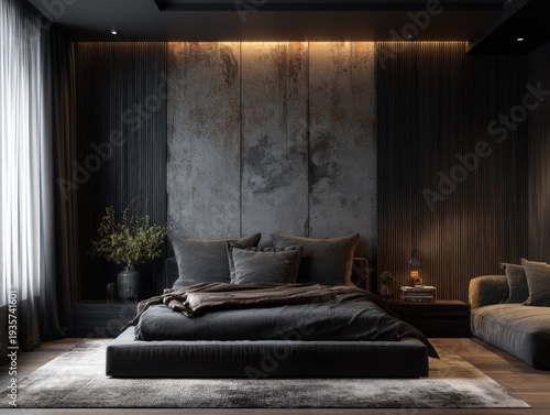 Dark bedroom features modern, minimalist design. Concrete wall adds industrial texture and depth. Low-profile bed rests on textured rug with soft lighting