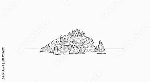 Stylized, jagged peaks rise from the water's edge, stark and isolated