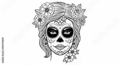Detailed black and white illustration of a woman's face adorned with flowers and calavera makeup