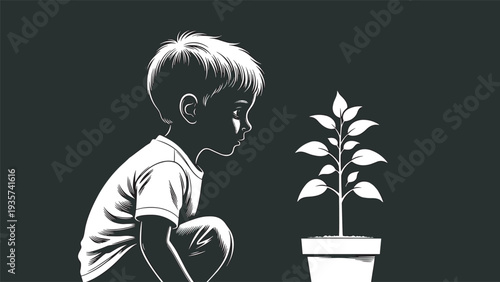 Child looking at growing plant, environmental awareness kid observing nature seedling vector illustration concept