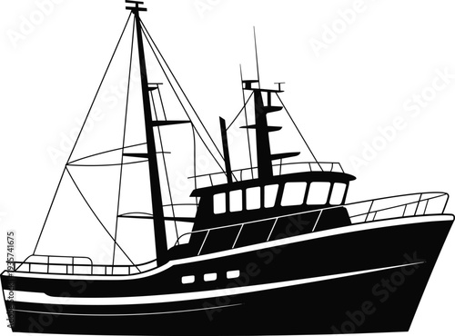 Black and white silhouette of fishing boat with cabin, masts, and rigging, maritime vessel illustration symbolizing fishing, sea, and nautical design