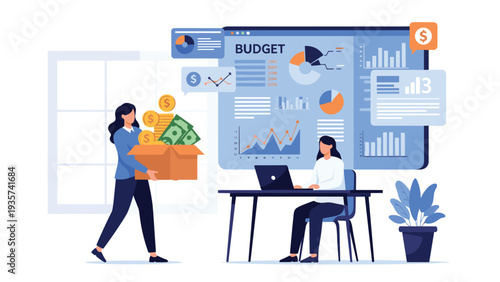 Corporate budget planning session with a woman carrying money to a desk where a colleague analyzes financial performance charts.