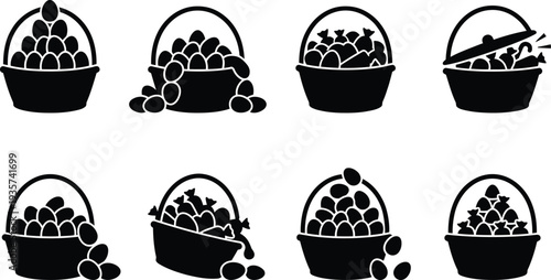 Vector illustrations of various baskets filled with eggs and candies, showcasing different arrangements and contents