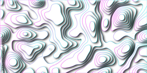 Topographic contour map background with vibrant pink and cyan lines creating a layered topographical effect with soft shadows and a clean white base for scientific or abstract visuals