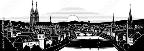 Stylized black and white panorama of a European city with Gothic architecture