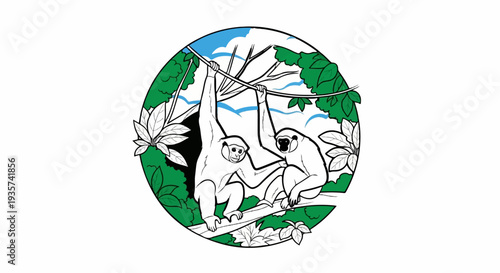 Two primates swing from a branch amidst lush greenery and blue sky